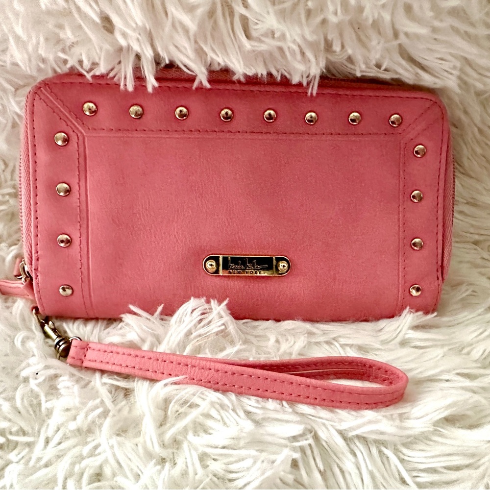 Nicole Miller wallet long wristlet bubblegum Barbie pink gold studs hardware zip